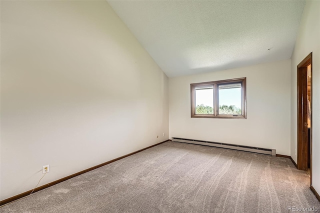 empty room with baseboards, a baseboard radiator, carpet, and lofted ceiling