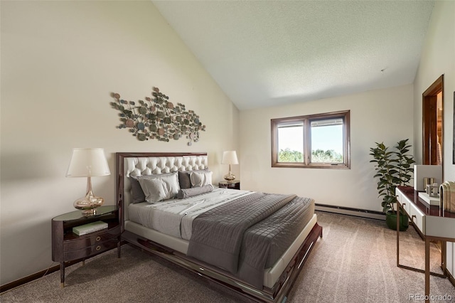bedroom featuring carpet flooring, lofted ceiling, and a baseboard heating unit