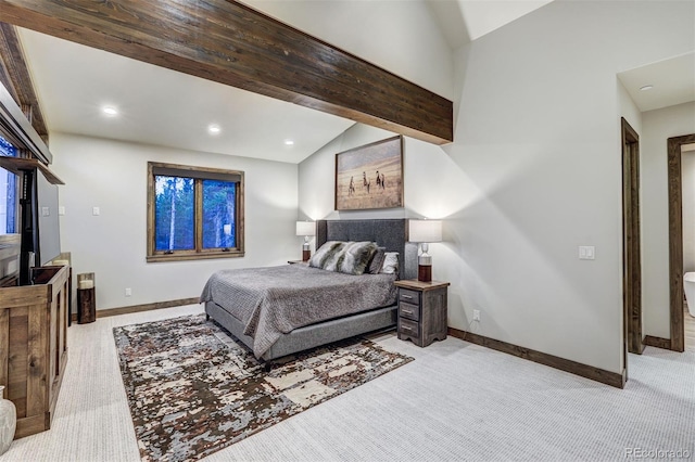 141 Sawmill Run Dr, Breckenridge, CO 80424 - bedroom featuring light carpet, lofted ceiling, and recessed lighting