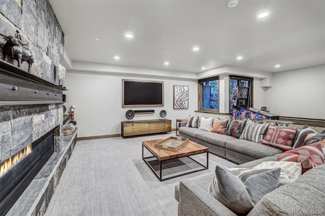 141 Sawmill Run Dr, Breckenridge, CO 80424 - living area featuring recessed lighting, carpet, and a stone fireplace