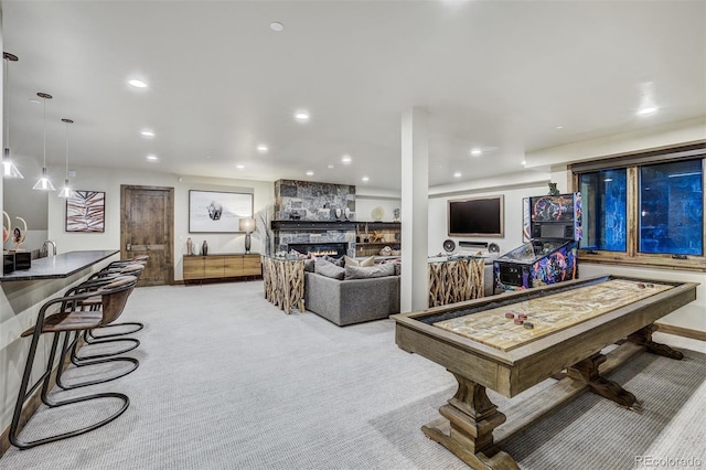 141 Sawmill Run Dr, Breckenridge, CO 80424 - game room featuring carpet, a fireplace, and recessed lighting