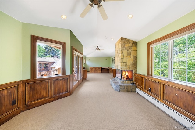 850 E Radcliff Ave, Cherry Hills Village, CO 80113 - living room with baseboard heating, a ceiling fan, light carpet, healthy amount of natural light, and lofted ceiling