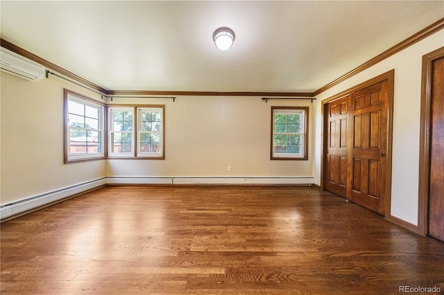 850 E Radcliff Ave, Cherry Hills Village, CO 80113 - unfurnished bedroom with ornamental molding, wood finished floors, multiple windows, an AC wall unit, and a closet