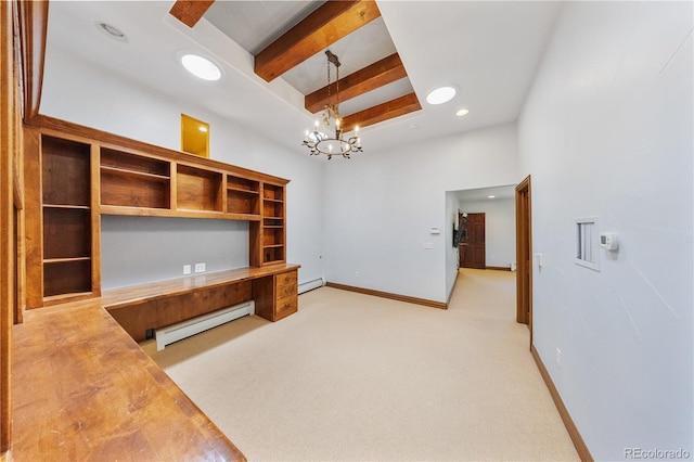 850 E Radcliff Ave, Cherry Hills Village, CO 80113 - unfurnished office featuring baseboard heating, beam ceiling, a chandelier, recessed lighting, and light colored carpet