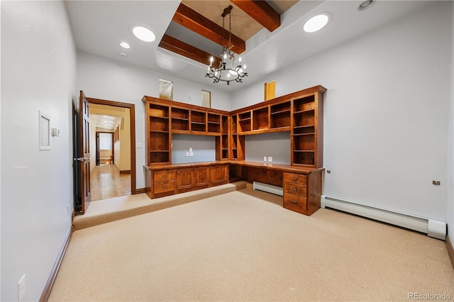 850 E Radcliff Ave, Cherry Hills Village, CO 80113 - unfurnished office with a baseboard heating unit, light colored carpet, beamed ceiling, a chandelier, and recessed lighting
