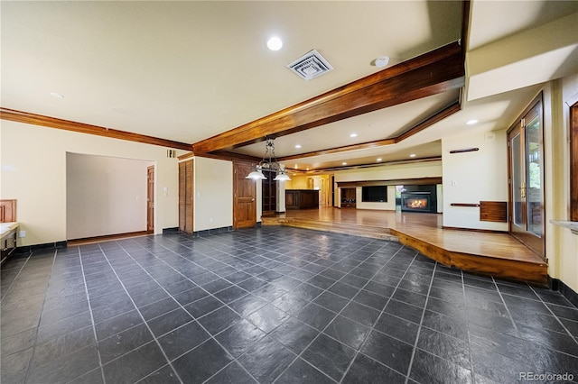 850 E Radcliff Ave, Cherry Hills Village, CO 80113 - unfurnished living room featuring recessed lighting, crown molding, and beam ceiling