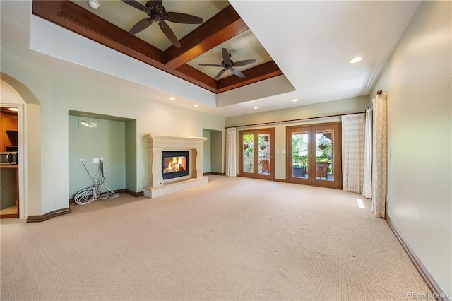 850 E Radcliff Ave, Cherry Hills Village, CO 80113 - unfurnished living room with ceiling fan, carpet, a glass covered fireplace, recessed lighting, and beamed ceiling