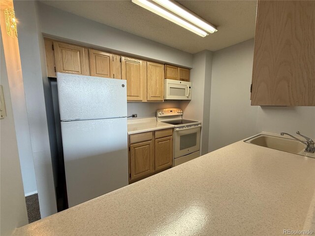 kitchen featuring white appliances, light countertops, and a sink