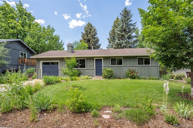 3545 Cloverleaf Dr, Boulder, CO 80304 - single story home with a chimney, board and batten siding, an attached garage, a front lawn, and a shingled roof
