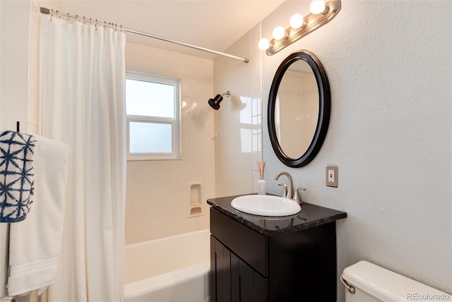 full bathroom with toilet, shower / bath combo, and vanity