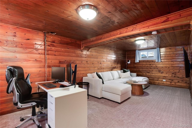 office featuring wood walls and light colored carpet