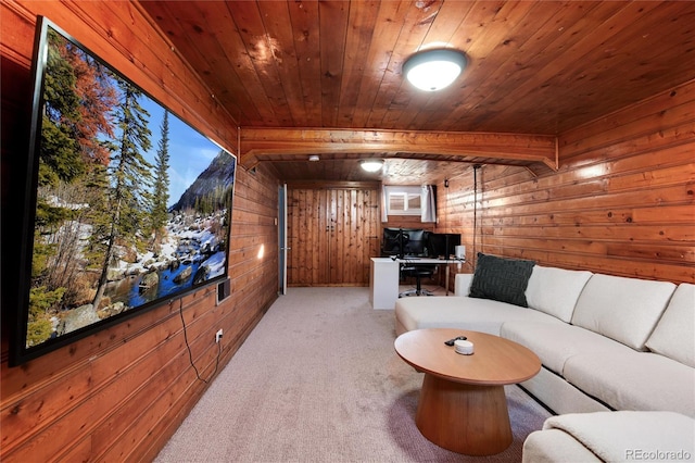4920 Clay St, Denver, CO 80221 - home theater featuring wood ceiling, wooden walls, and light carpet