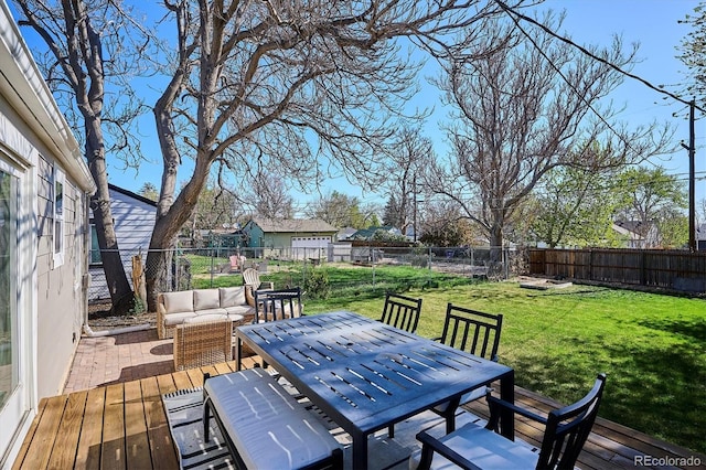 4920 Clay St, Denver, CO 80221 - wooden deck with a yard, outdoor dining area, and a fenced backyard