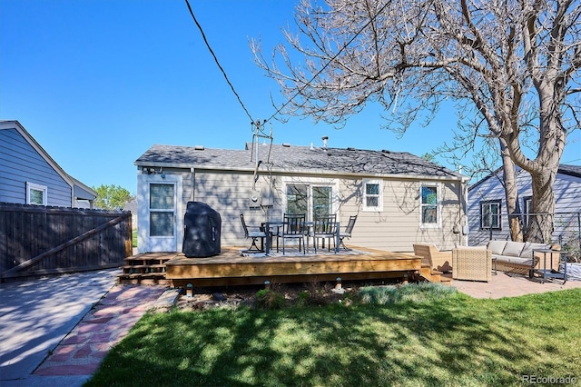 4920 Clay St, Denver, CO 80221 - rear view of property featuring a lawn, a deck, fence, an outdoor hangout area, and a patio