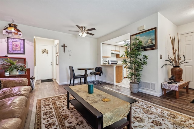 living room with hardwood / wood-style flooring and ceiling fan