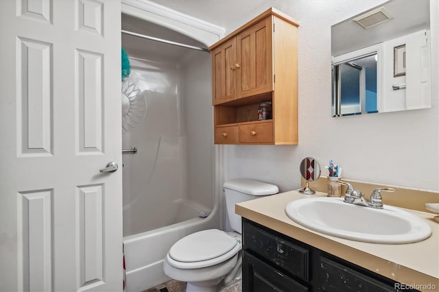 full bathroom featuring shower / bathing tub combination, vanity, and toilet