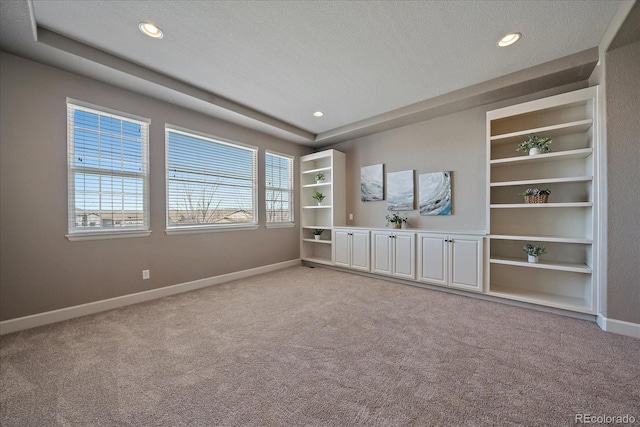 interior space with light carpet and a textured ceiling