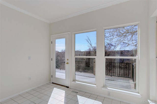 entryway with crown molding, light tile patterned floors, and baseboards