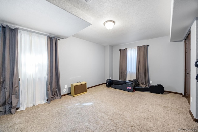 interior space with carpet, baseboards, and a textured ceiling