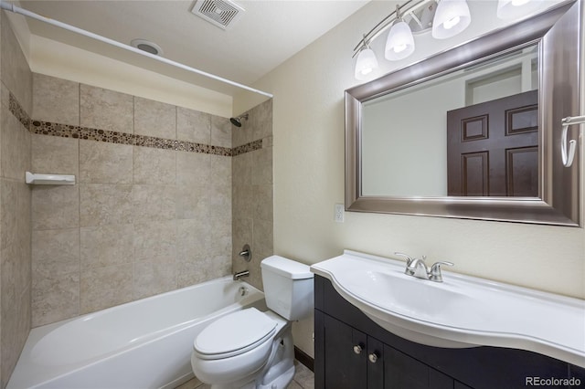 full bath featuring toilet, washtub / shower combination, vanity, and visible vents