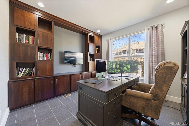 home office featuring baseboards and recessed lighting