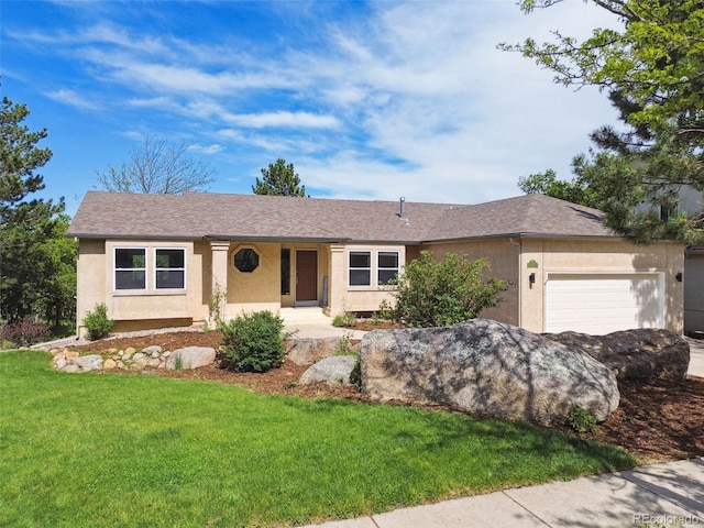 5465 Broadmoor Bliff Dr, Colorado Springs, CO 80904 - ranch-style home with stucco siding, an attached garage, and a front yard