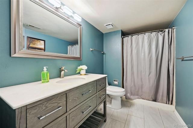 5465 Broadmoor Bliff Dr, Colorado Springs, CO 80904 - bathroom featuring vanity, toilet, marble look tiles, and a shower with shower curtain