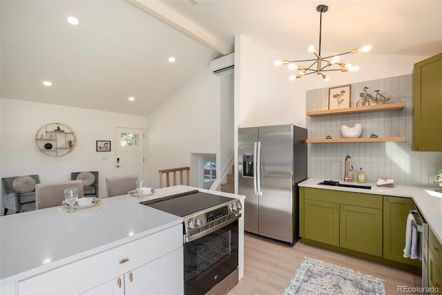 kitchen featuring pendant lighting, sink, vaulted ceiling with beams, stainless steel appliances, and light wood-type flooring