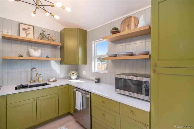 kitchen featuring green cabinets, appliances with stainless steel finishes, sink, and decorative backsplash