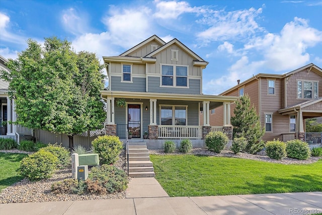 21392 E Stroll Ave, Parker, CO 80138 - craftsman-style home featuring board and batten siding, a porch, and a front lawn