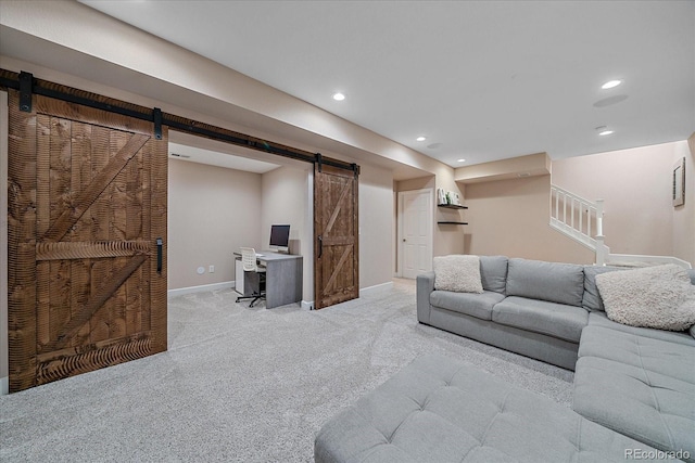21392 E Stroll Ave, Parker, CO 80138 - living room with a barn door, carpet, recessed lighting, and stairs