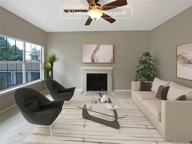 carpeted living room featuring ceiling fan