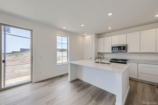 kitchen featuring appliances with stainless steel finishes, light hardwood / wood-style flooring, a center island with sink, and sink