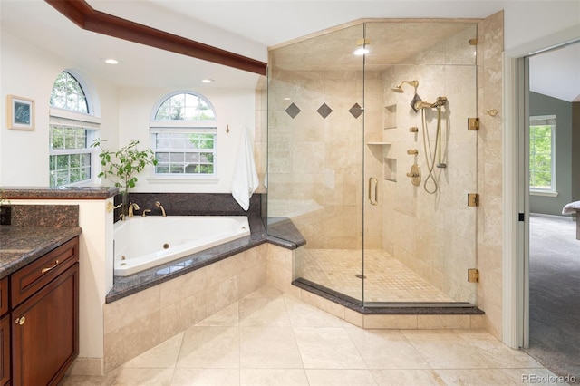 2345 Spotswood Pl, Boulder, CO 80304 - full bath with a tub with jets, a stall shower, tile patterned floors, recessed lighting, and vanity