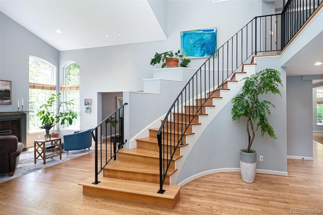 2345 Spotswood Pl, Boulder, CO 80304 - stairs with a high ceiling, wood finished floors, plenty of natural light, baseboards, and recessed lighting