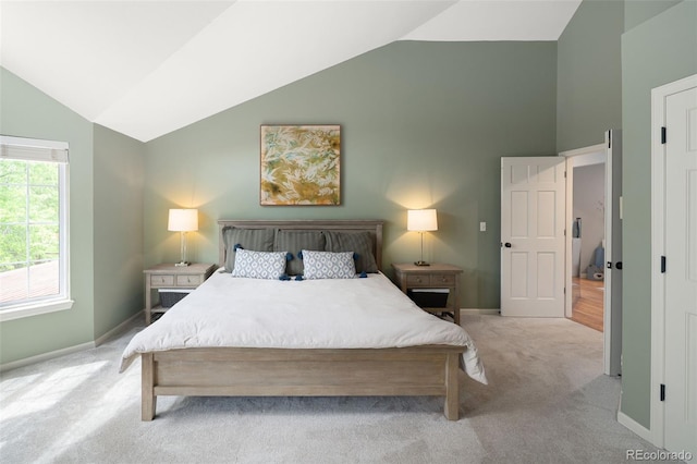 2345 Spotswood Pl, Boulder, CO 80304 - bedroom featuring light carpet, baseboards, and high vaulted ceiling