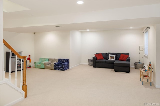 2345 Spotswood Pl, Boulder, CO 80304 - living area with carpet floors, recessed lighting, stairway, and baseboards
