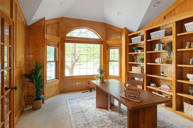 2345 Spotswood Pl, Boulder, CO 80304 - home office with vaulted ceiling, light colored carpet, healthy amount of natural light, and wooden walls
