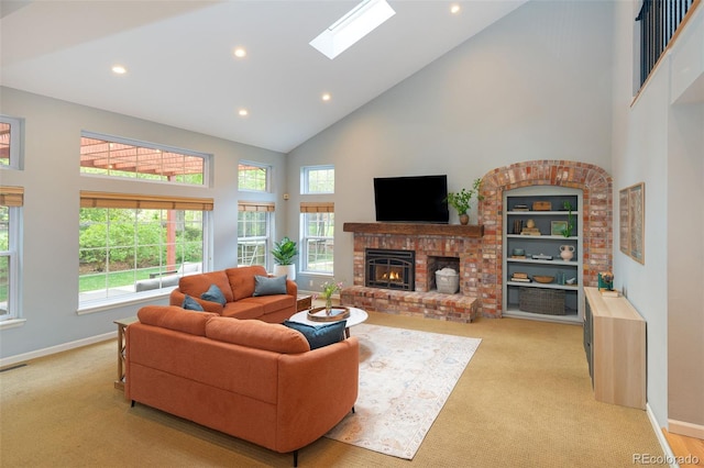 2345 Spotswood Pl, Boulder, CO 80304 - living area featuring high vaulted ceiling, recessed lighting, baseboards, light colored carpet, and a fireplace