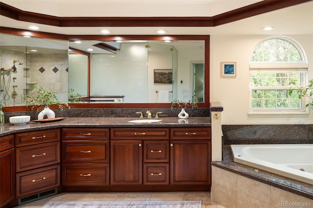 2345 Spotswood Pl, Boulder, CO 80304 - full bath with vanity, a jetted tub, tile patterned flooring, a tile shower, and recessed lighting