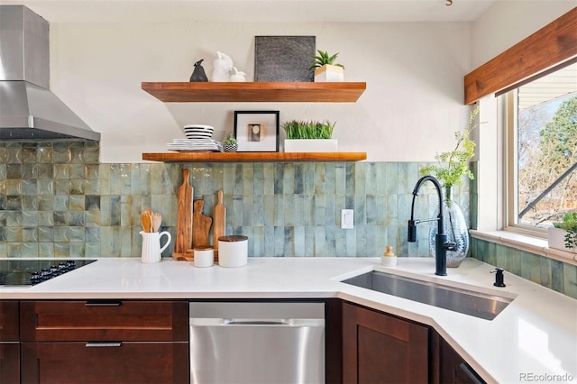 kitchen featuring open shelves, a sink, stainless steel dishwasher, wall chimney range hood, and black electric cooktop