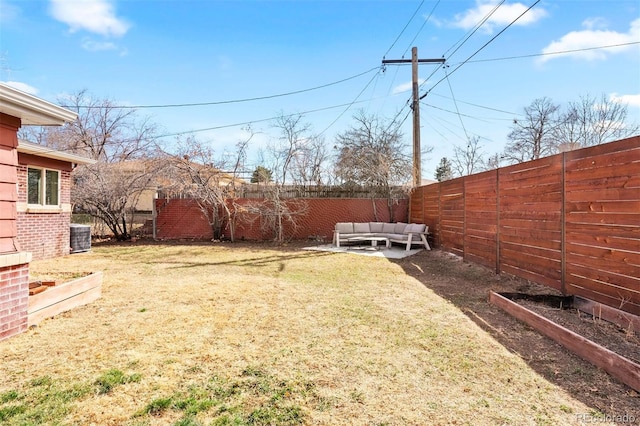 view of yard with central air condition unit, outdoor lounge area, and a fenced backyard