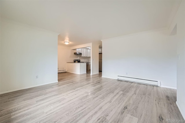 unfurnished living room with a baseboard radiator, ornamental molding, and light wood-style floors