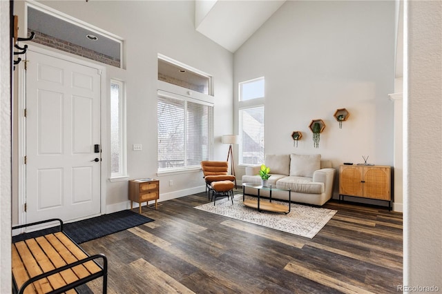 entryway with dark wood-type flooring, high vaulted ceiling, and baseboards