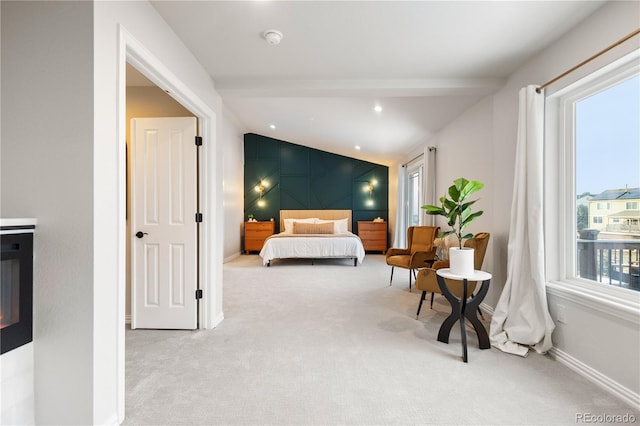 bedroom featuring carpet, lofted ceiling with beams, baseboards, and recessed lighting