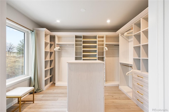 walk in closet with light wood-style floors