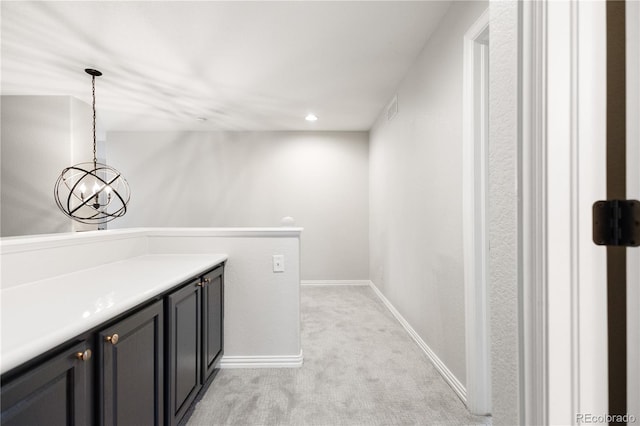 washroom featuring a chandelier, light colored carpet, baseboards, visible vents, and recessed lighting