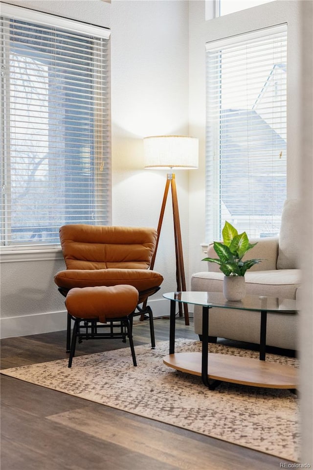 sitting room with wood finished floors and baseboards