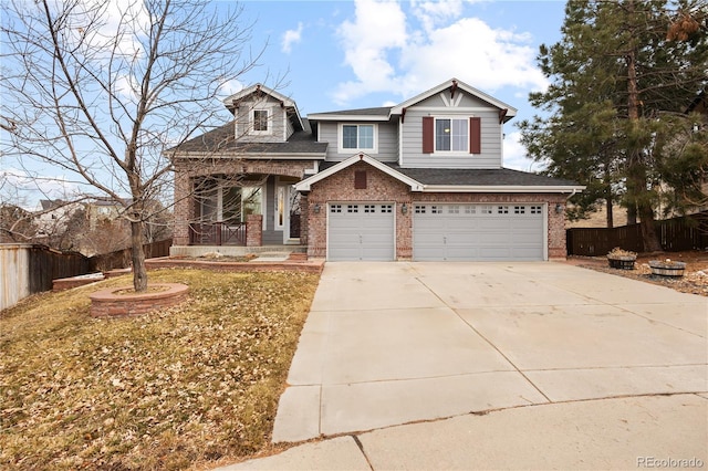 craftsman inspired home with driveway, fence, a porch, a garage, and brick siding