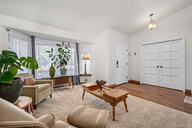 living room with hardwood / wood-style flooring and vaulted ceiling